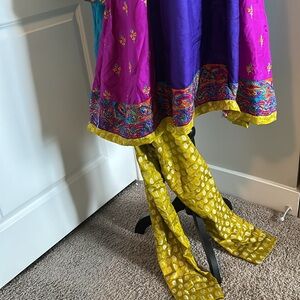 Pure silk multi colored  shirt , woven silk trousers n dupatta fancy party wear